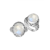 Sterling Silver Rainbow Moonstone Ring With Balinese Carved Band For Women